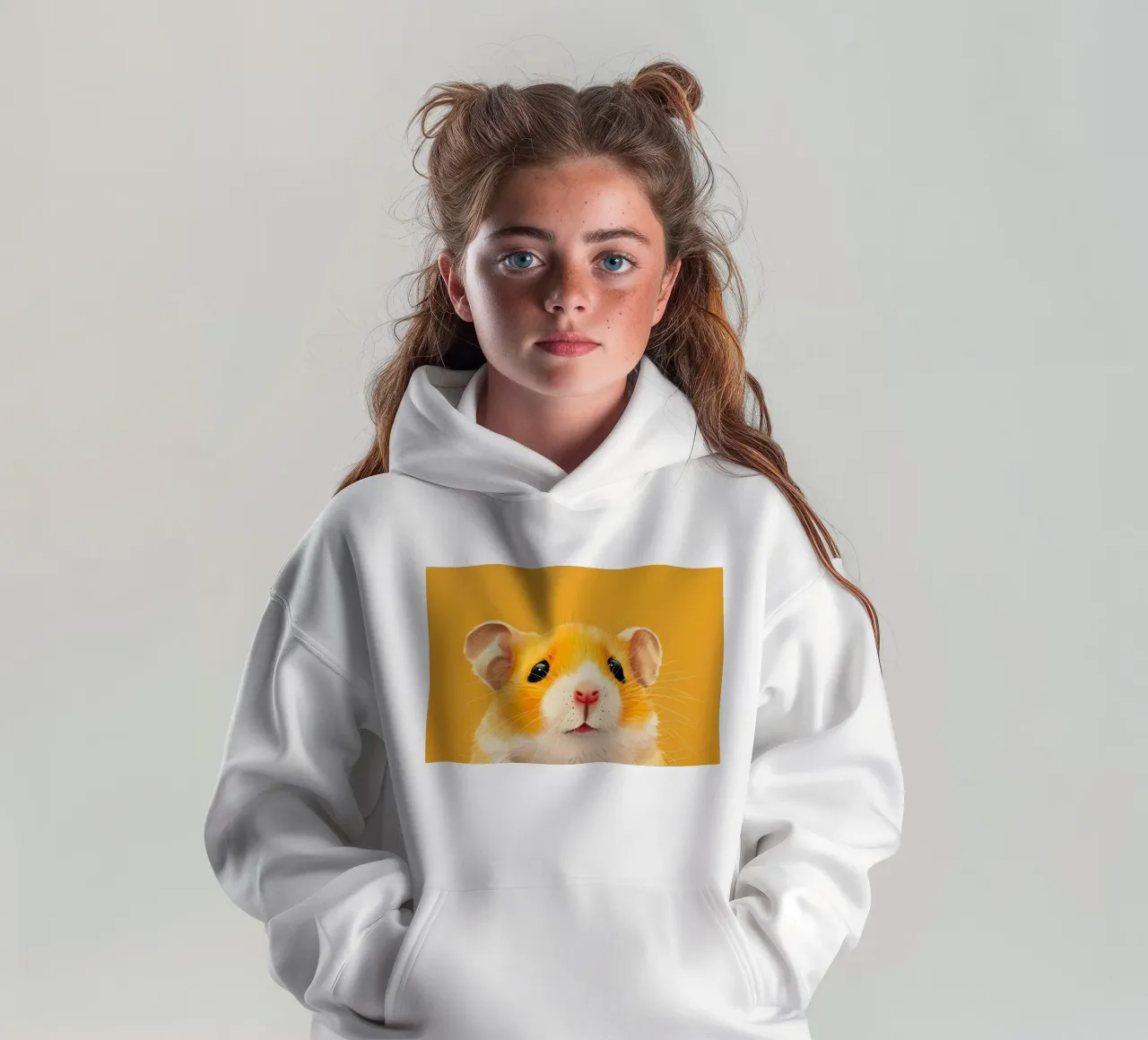 Hamster with orange fur and expressive eyes kids hoodie by DesignDoodle