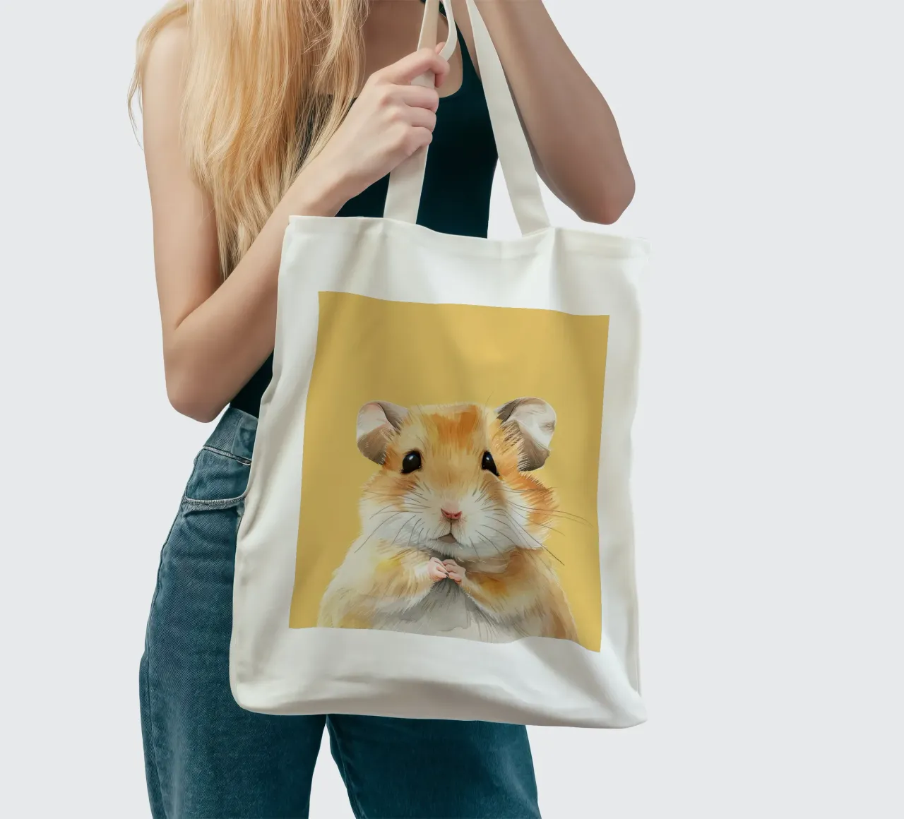 Simpatico criceto dalla soffice pelliccia dorata che tiene le piccole zampe in mano borsa in juta da DesignDoodle