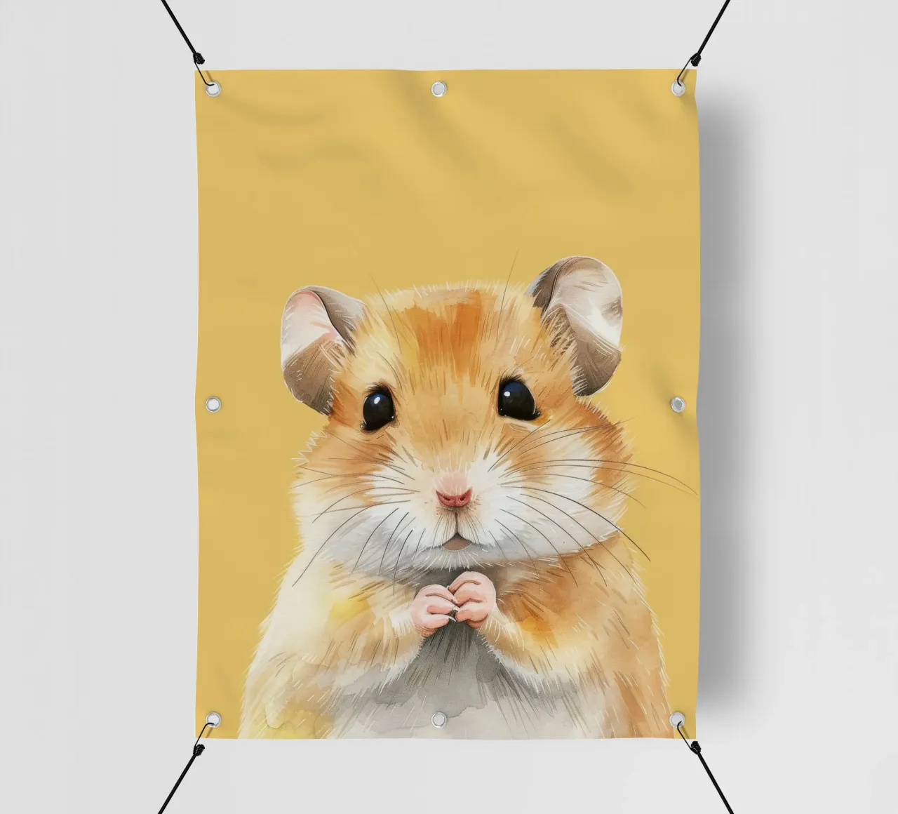 Niedlicher Hamster mit flauschigem goldenem Fell, der winzige Pfoten hält PVC Plane von DesignDoodle