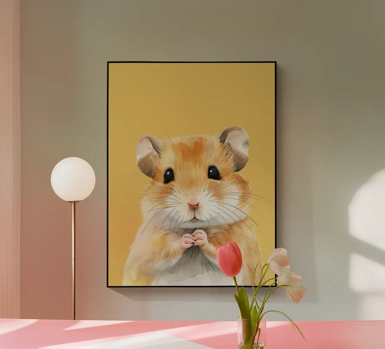 Simpatico criceto dalla soffice pelliccia dorata che tiene le piccole zampe in mano plexiglass da DesignDoodle