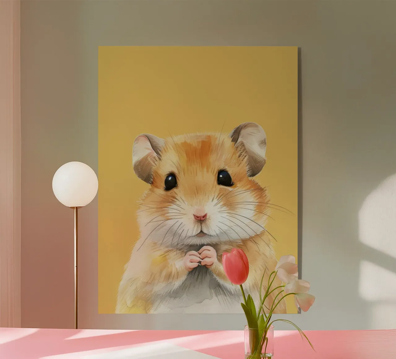 Simpatico criceto dalla soffice pelliccia dorata che tiene le piccole zampe in mano plexiglass da DesignDoodle