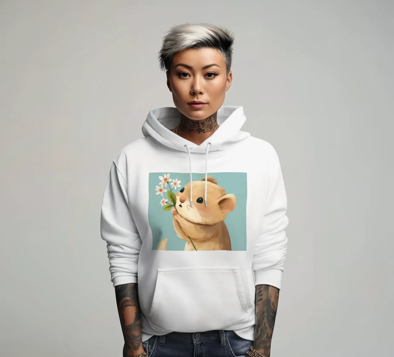 Piccola creatura che tiene in mano un fiore con un'espressione gentile felpa con cappuccio da DesignDoodle