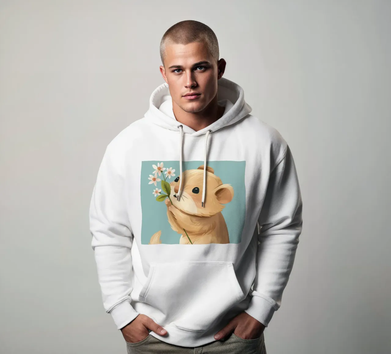 Piccola creatura che tiene in mano un fiore con un'espressione gentile felpa con cappuccio da DesignDoodle