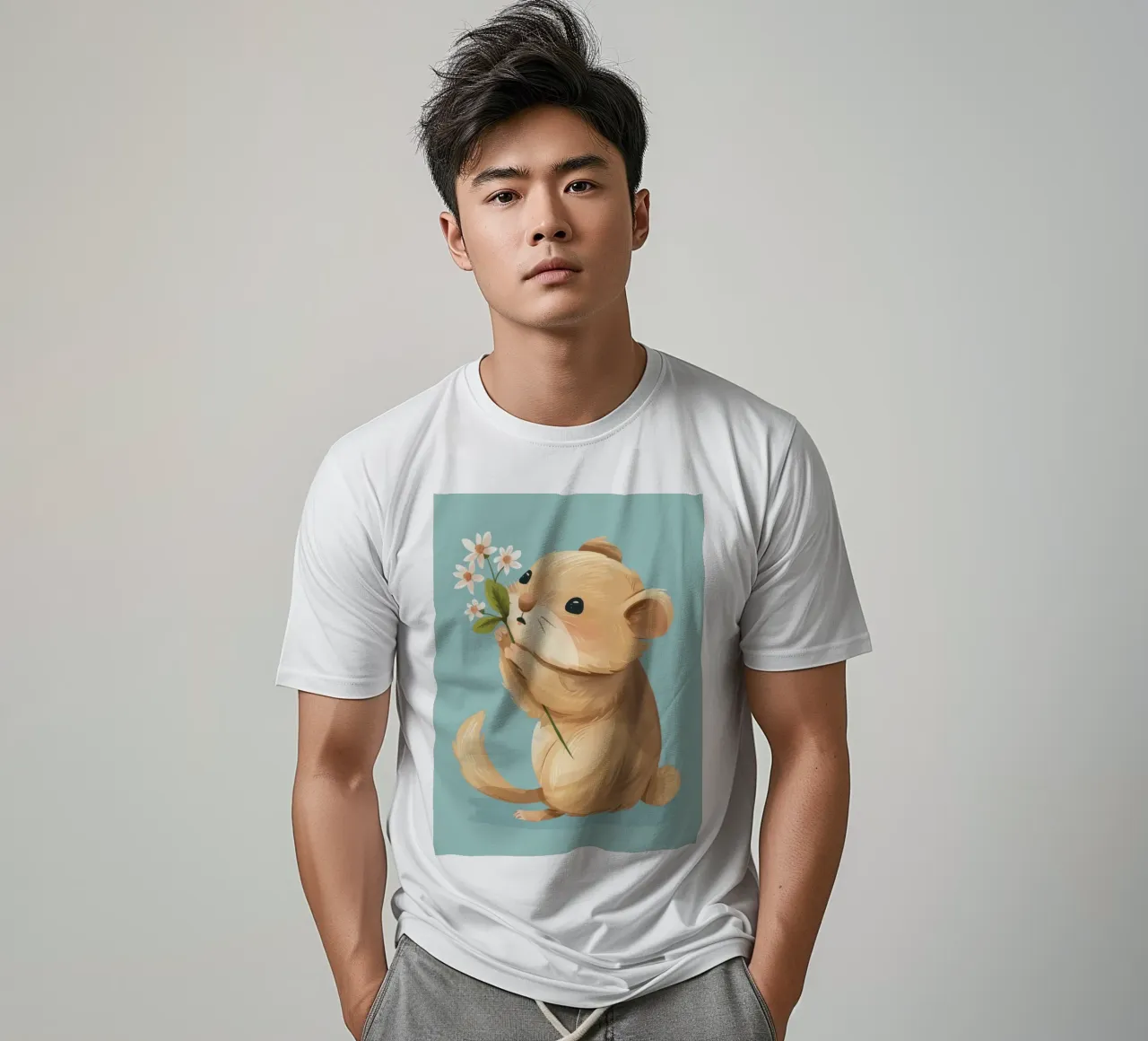 Piccola creatura che tiene in mano un fiore con un'espressione gentile t-shirt da DesignDoodle