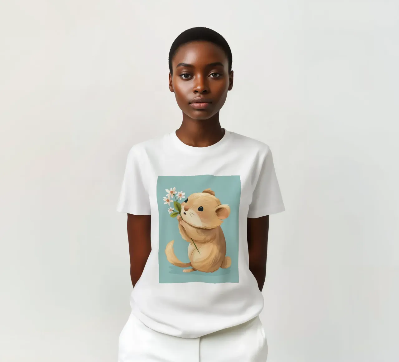 Piccola creatura che tiene in mano un fiore con un'espressione gentile t-shirt da DesignDoodle