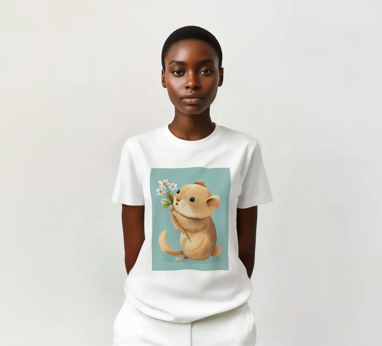 Petite créature tenant une fleur avec une douce expression t-shirt de DesignDoodle