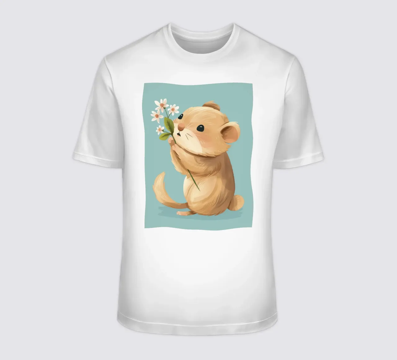 Piccola creatura che tiene in mano un fiore con un'espressione gentile t-shirt da DesignDoodle