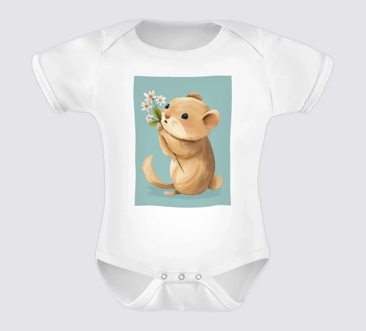 Piccola creatura che tiene in mano un fiore con un'espressione gentile body neonato maniche corte da DesignDoodle