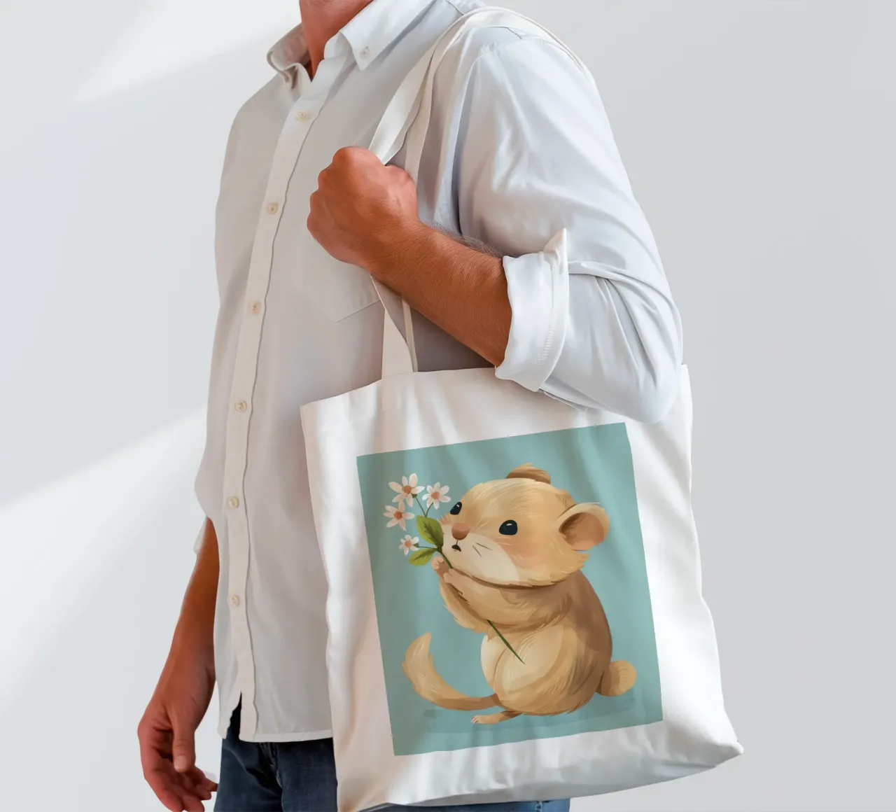 Piccola creatura che tiene in mano un fiore con un'espressione gentile borsa in juta da DesignDoodle