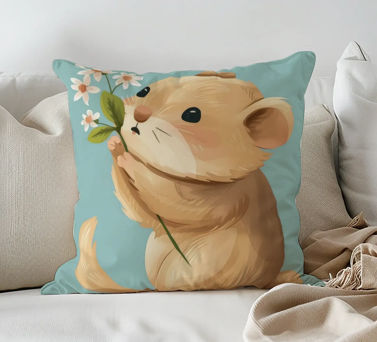 Piccola creatura che tiene in mano un fiore con un'espressione gentile cuscino da DesignDoodle