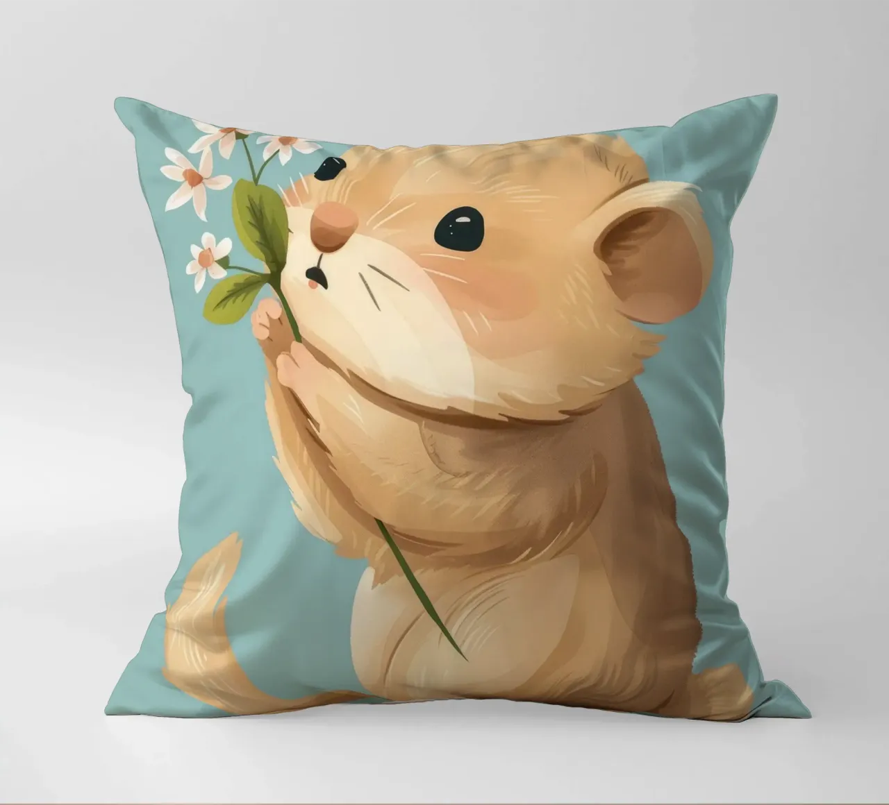 Piccola creatura che tiene in mano un fiore con un'espressione gentile cuscino da DesignDoodle