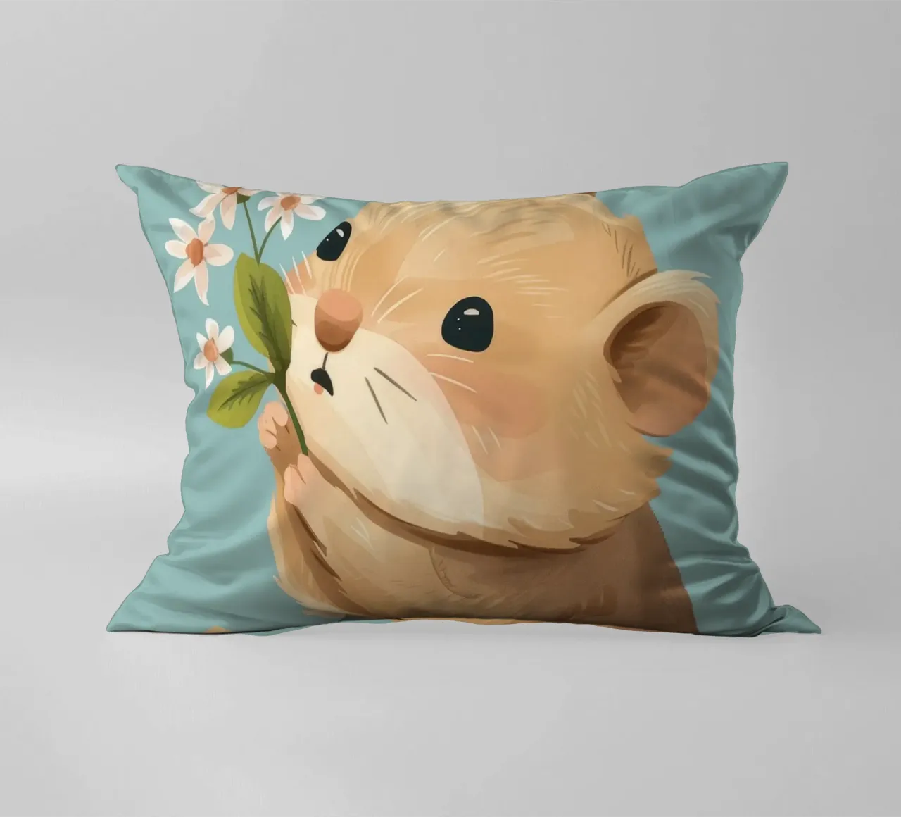 Piccola creatura che tiene in mano un fiore con un'espressione gentile cuscino da DesignDoodle