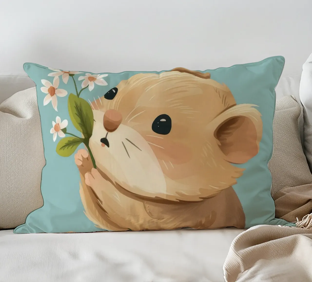 Piccola creatura che tiene in mano un fiore con un'espressione gentile cuscino da DesignDoodle