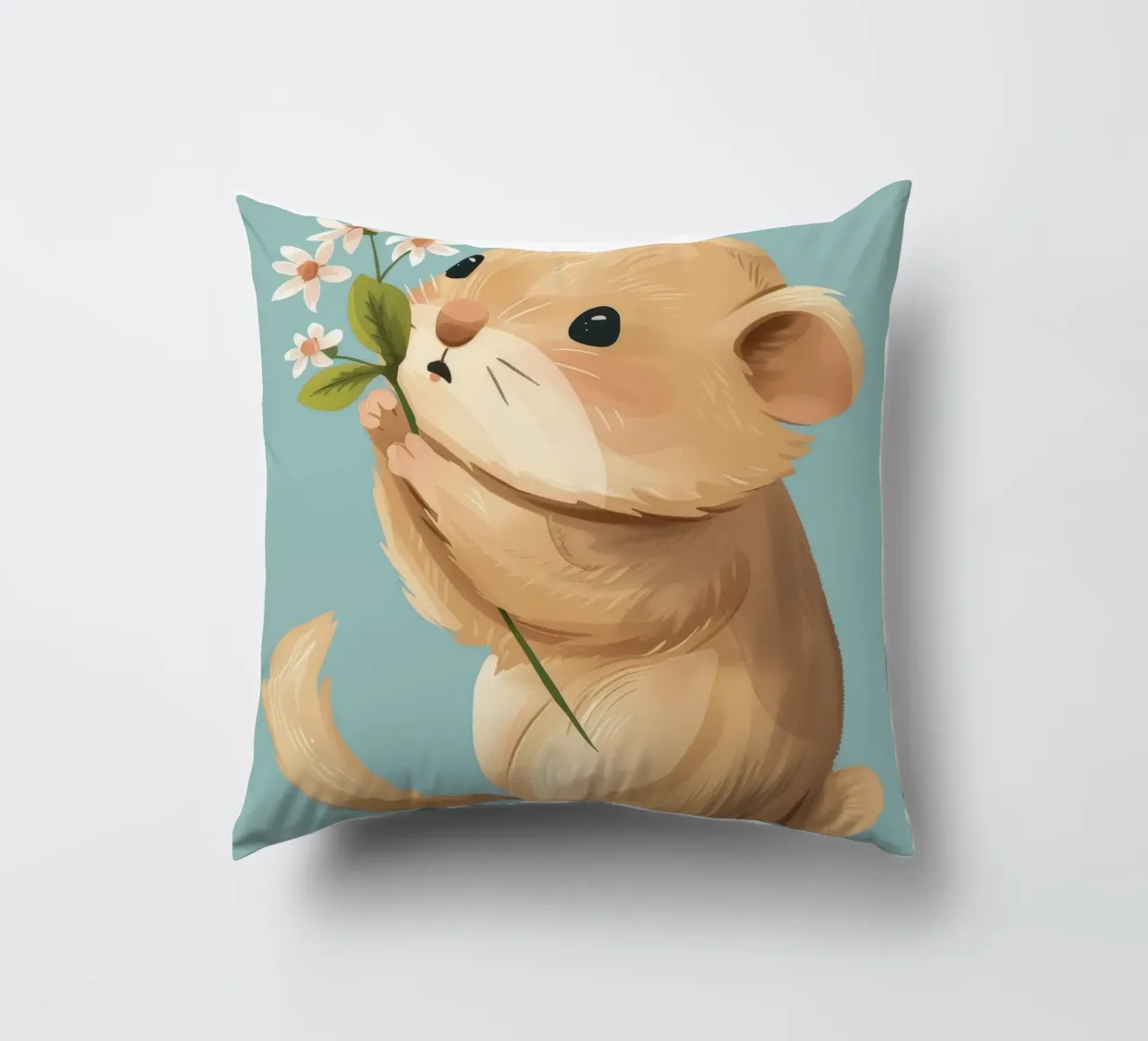 Piccola creatura che tiene in mano un fiore con un'espressione gentile cuscino da DesignDoodle