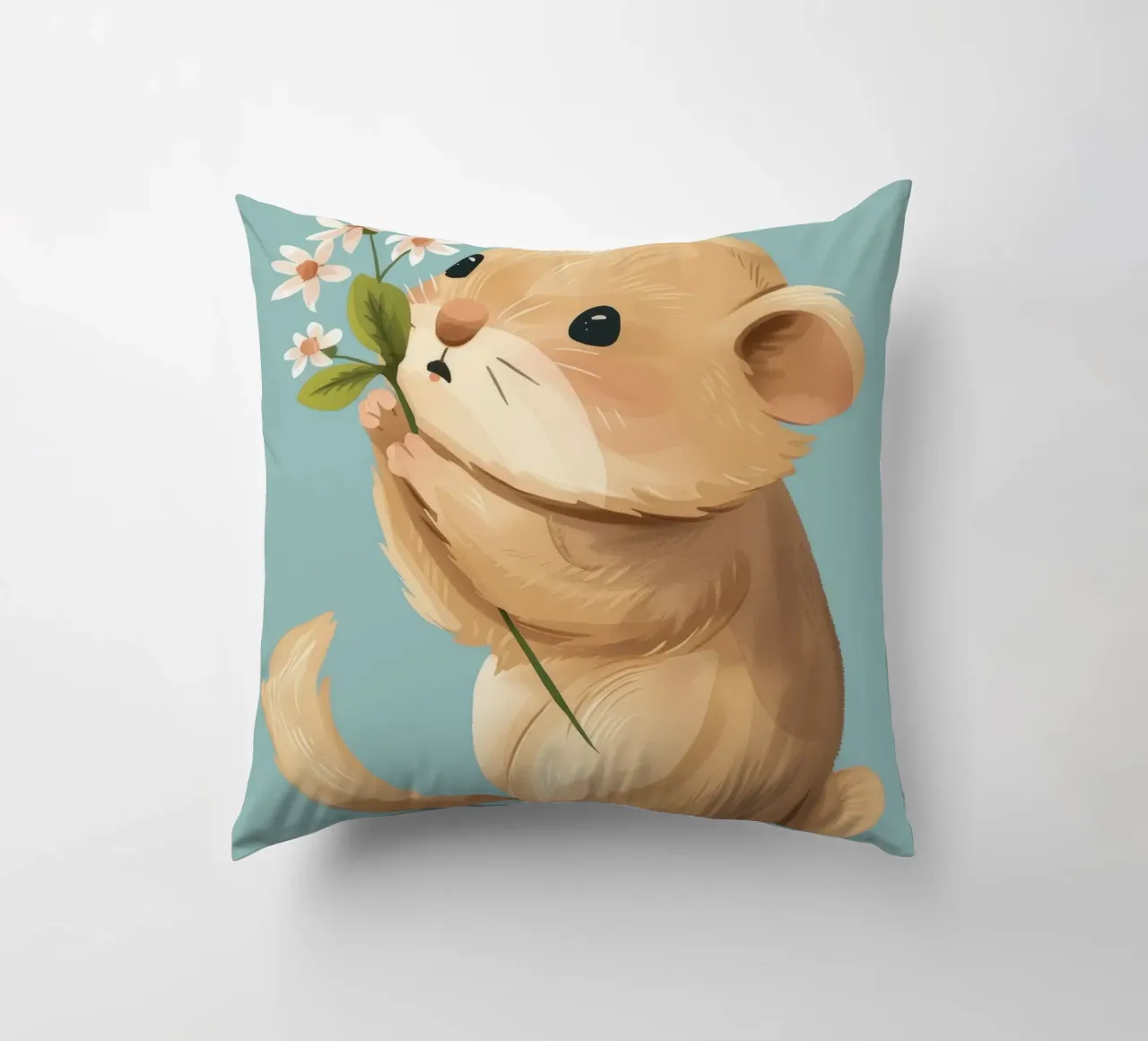 Piccola creatura che tiene in mano un fiore con un'espressione gentile cuscino da DesignDoodle