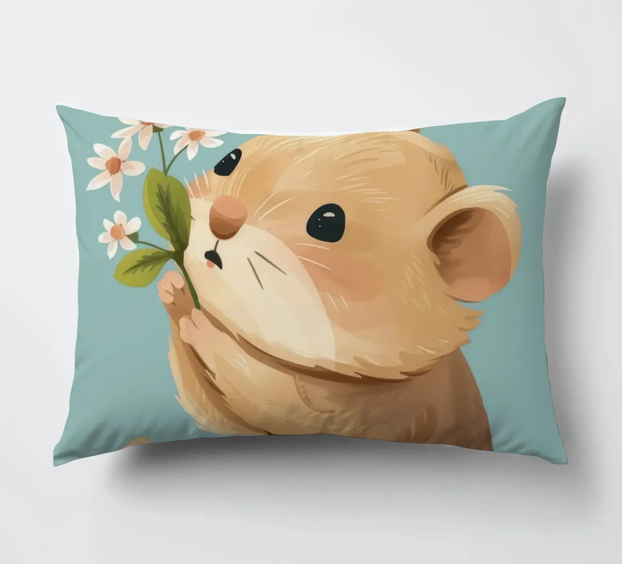 Piccola creatura che tiene in mano un fiore con un'espressione gentile cuscino da DesignDoodle