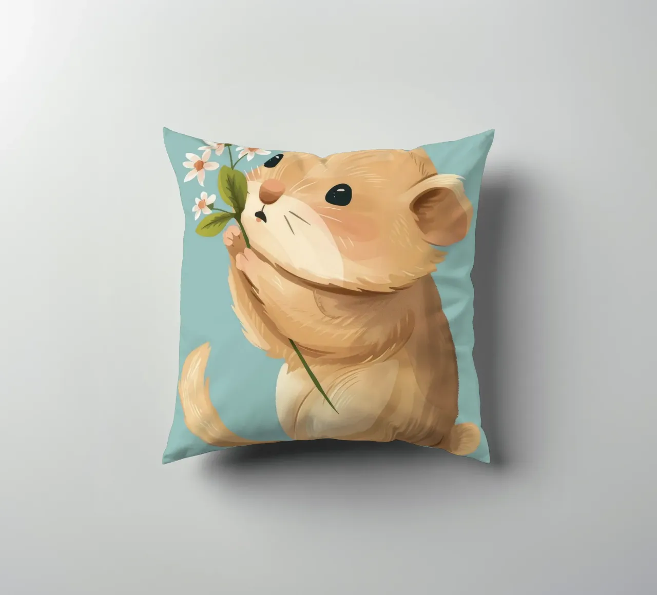 Piccola creatura che tiene in mano un fiore con un'espressione gentile cuscino da DesignDoodle