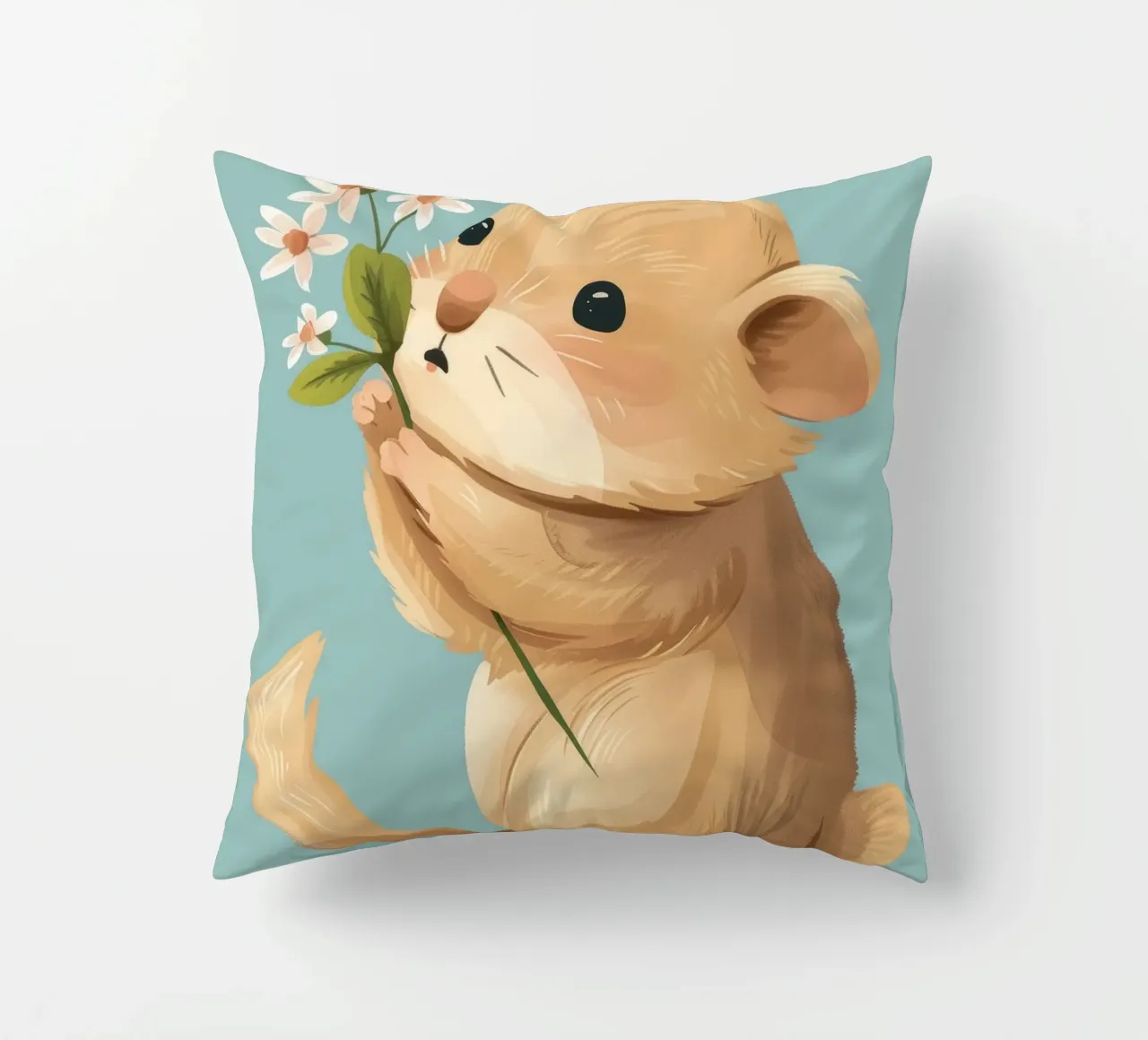 Piccola creatura che tiene in mano un fiore con un'espressione gentile cuscino da DesignDoodle