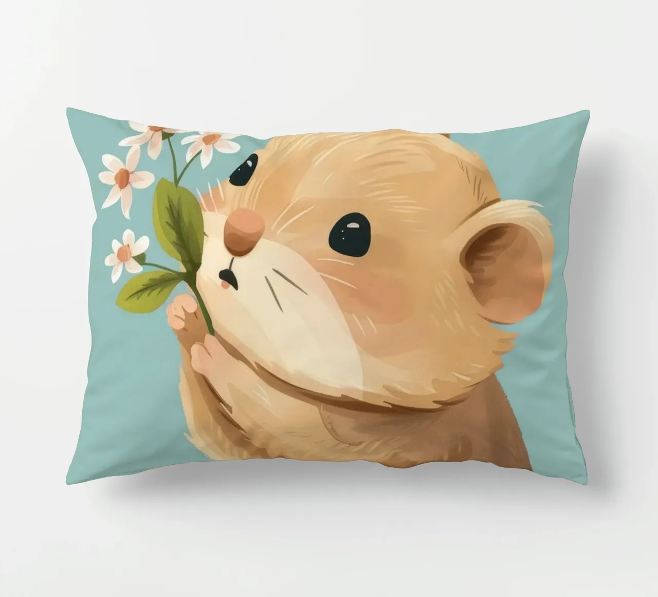 Piccola creatura che tiene in mano un fiore con un'espressione gentile cuscino da DesignDoodle