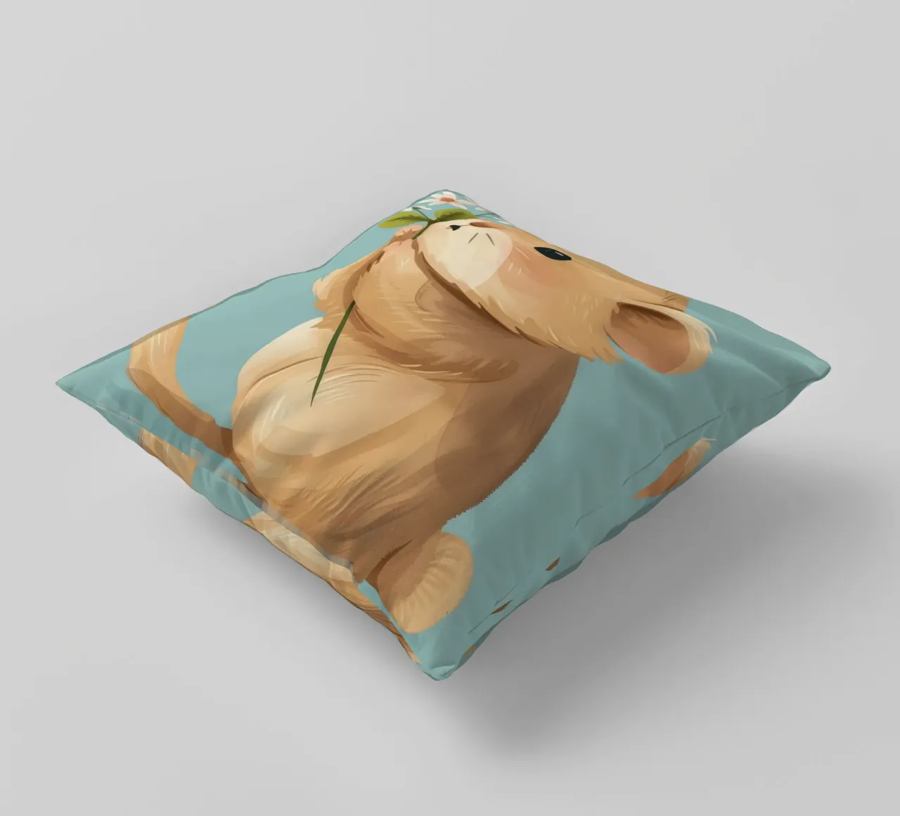 Piccola creatura che tiene in mano un fiore con un'espressione gentile cuscino da DesignDoodle