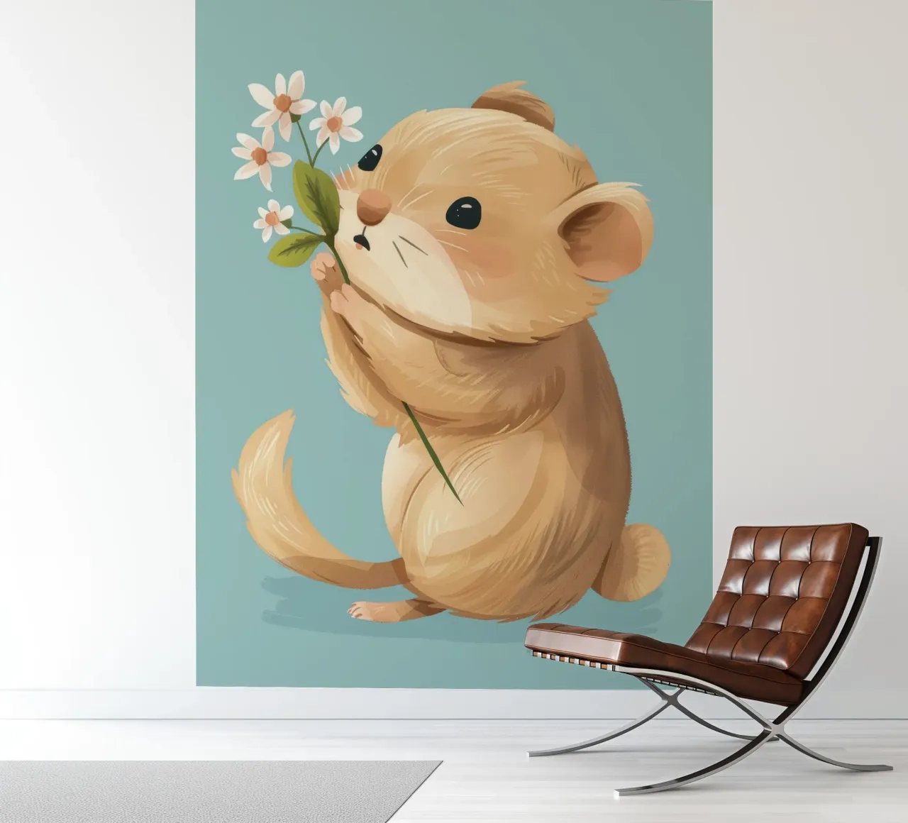 Petite créature tenant une fleur avec une douce expression papier peint photo de DesignDoodle