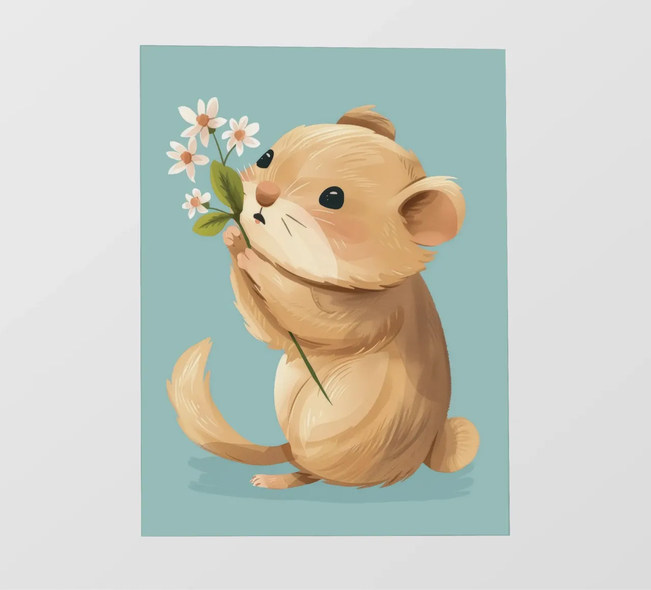 Petite créature tenant une fleur avec une douce expression papier peint photo de DesignDoodle