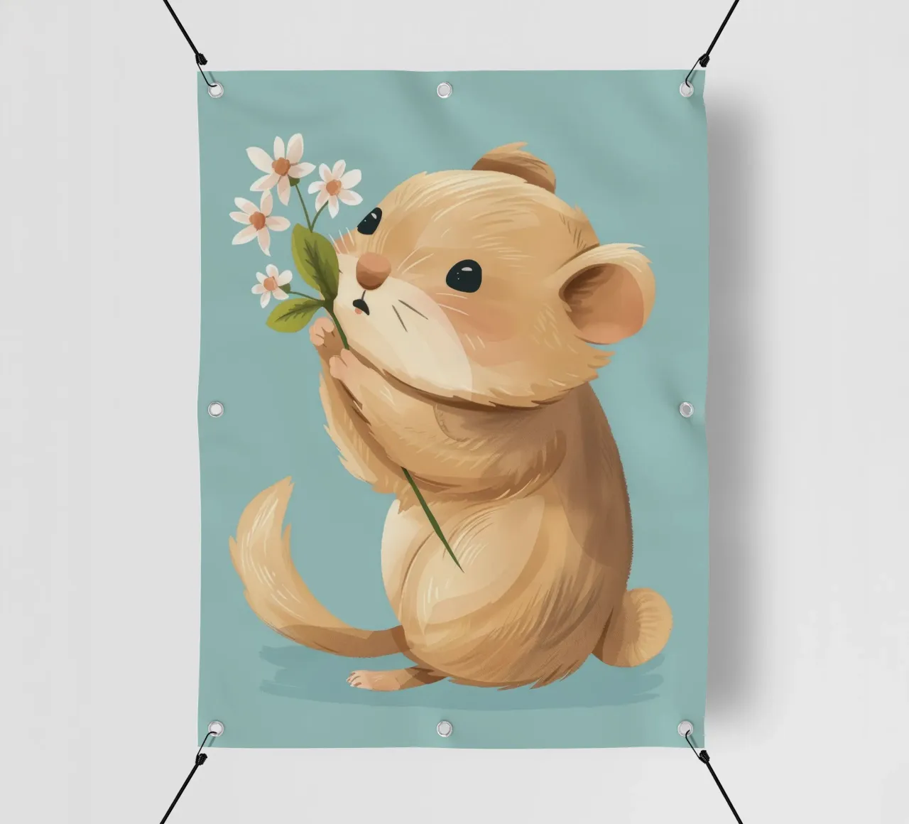 Piccola creatura che tiene in mano un fiore con un'espressione gentile telo in pvc da DesignDoodle