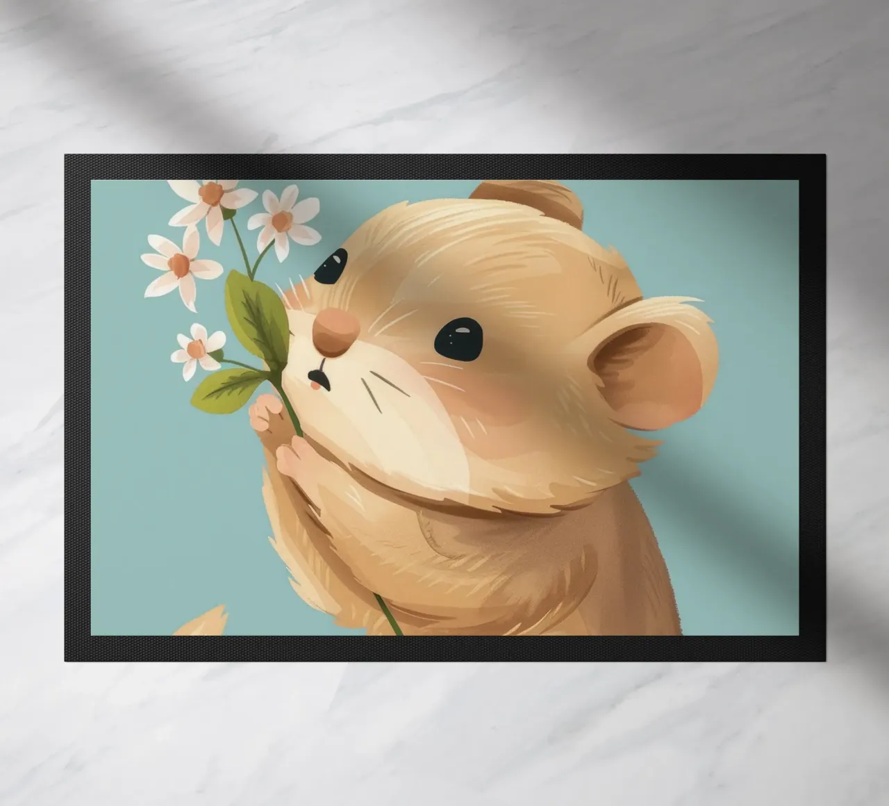 Piccola creatura che tiene in mano un fiore con un'espressione gentile zerbino da DesignDoodle
