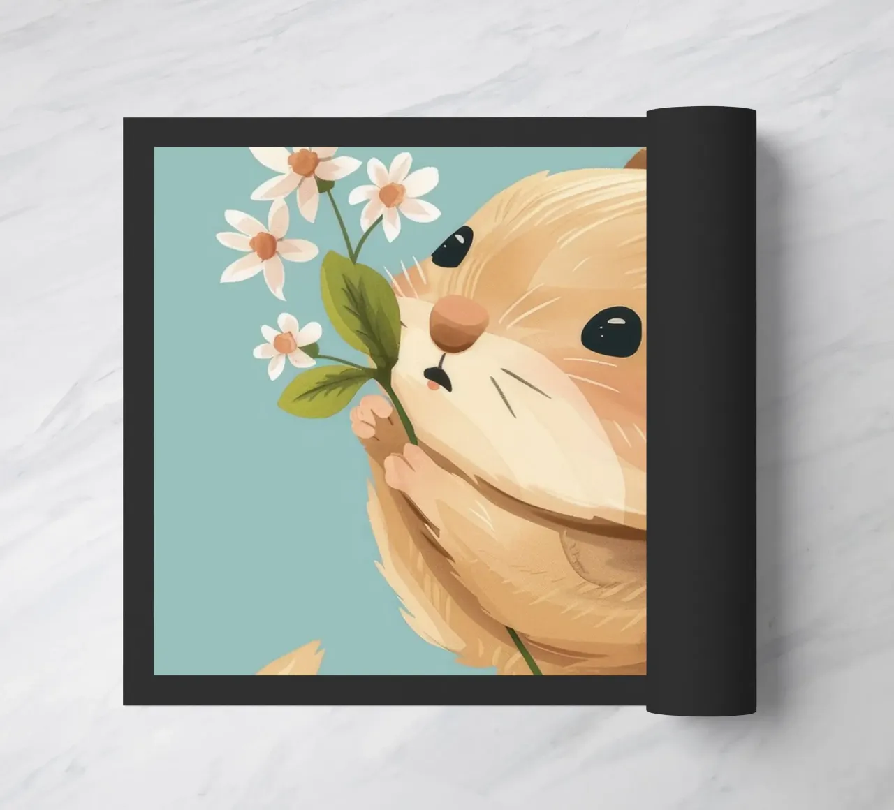 Piccola creatura che tiene in mano un fiore con un'espressione gentile zerbino da DesignDoodle