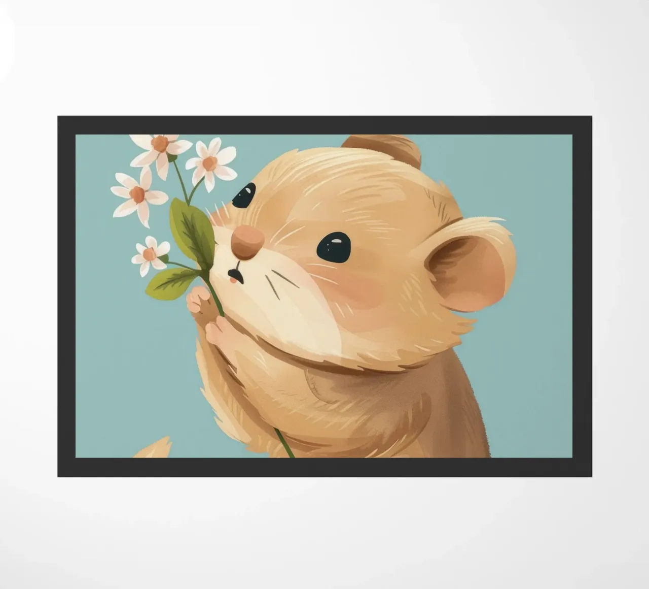 Piccola creatura che tiene in mano un fiore con un'espressione gentile zerbino da DesignDoodle