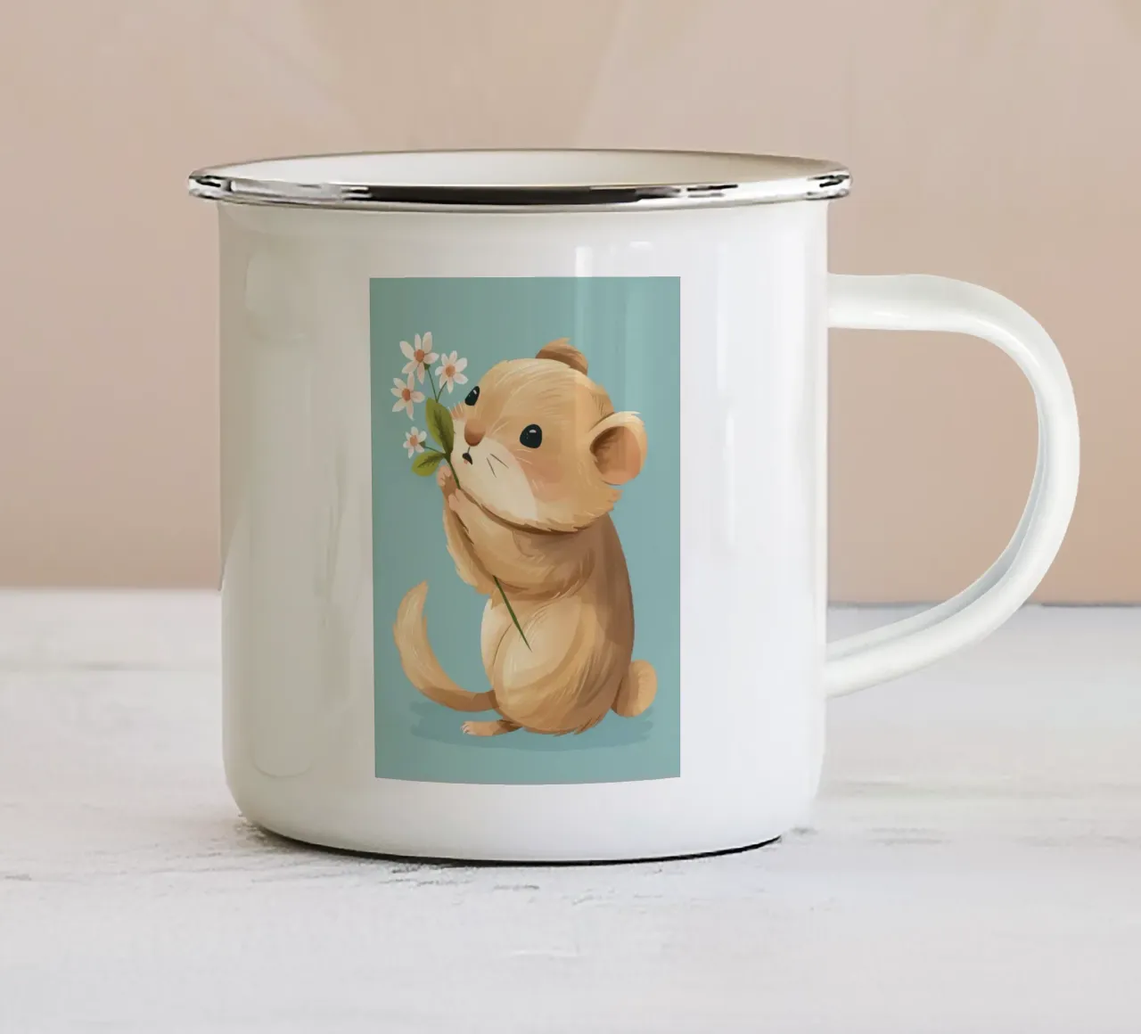 Piccola creatura che tiene in mano un fiore con un'espressione gentile tazza in smalto da DesignDoodle