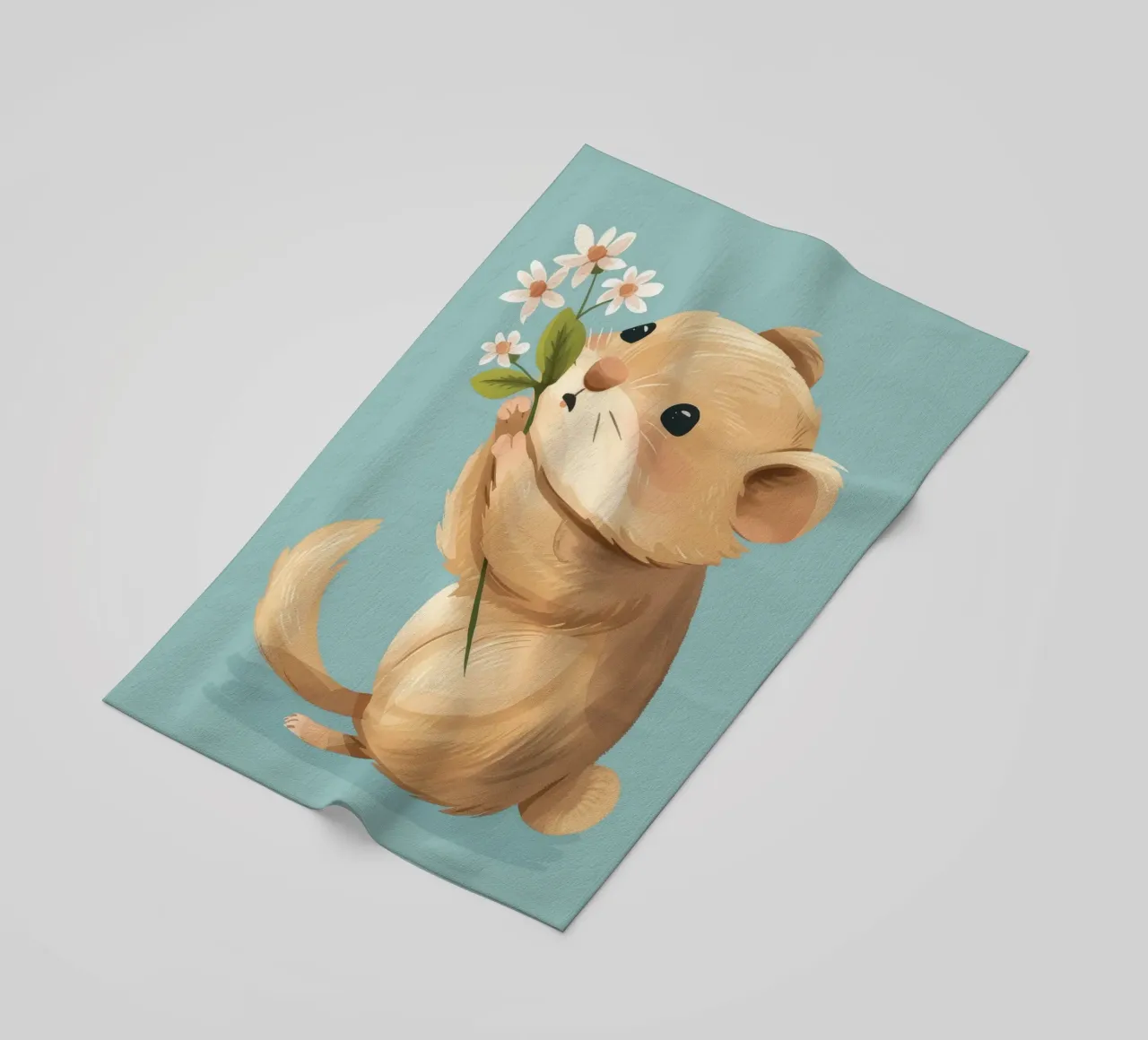 Piccola creatura che tiene in mano un fiore con un'espressione gentile telo mare da DesignDoodle