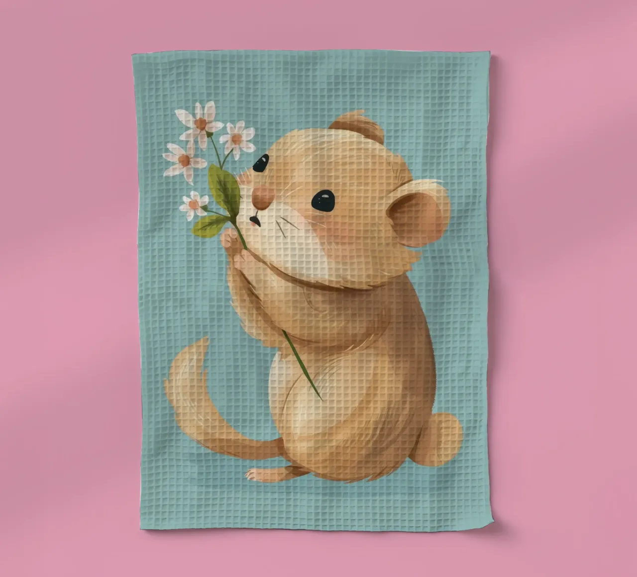 Petite créature tenant une fleur avec une douce expression torchon de DesignDoodle