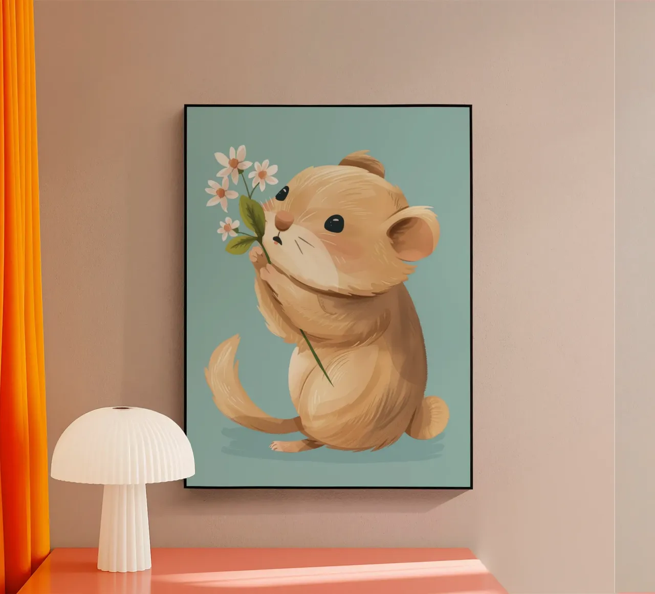 Piccola creatura che tiene in mano un fiore con un'espressione gentile plexiglass da DesignDoodle