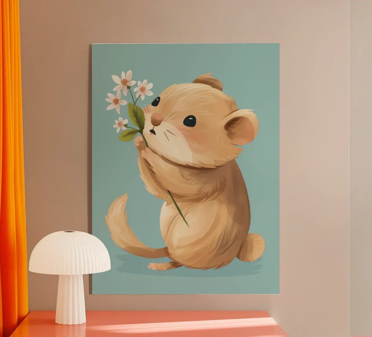 Piccola creatura che tiene in mano un fiore con un'espressione gentile plexiglass da DesignDoodle