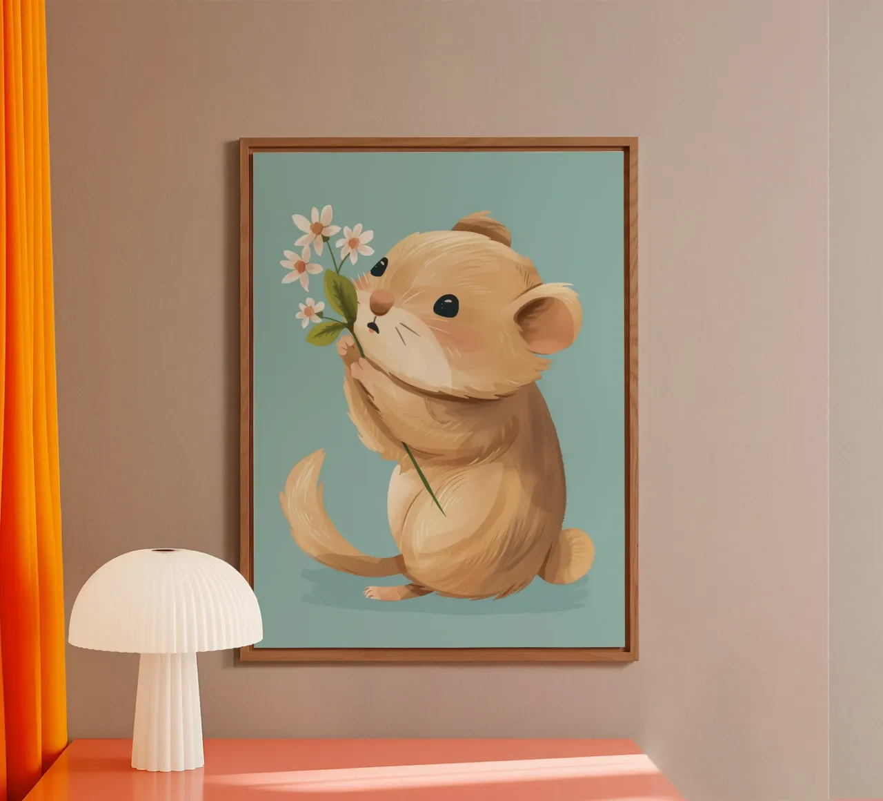 Piccola creatura che tiene in mano un fiore con un'espressione gentile alluminio dibond da DesignDoodle