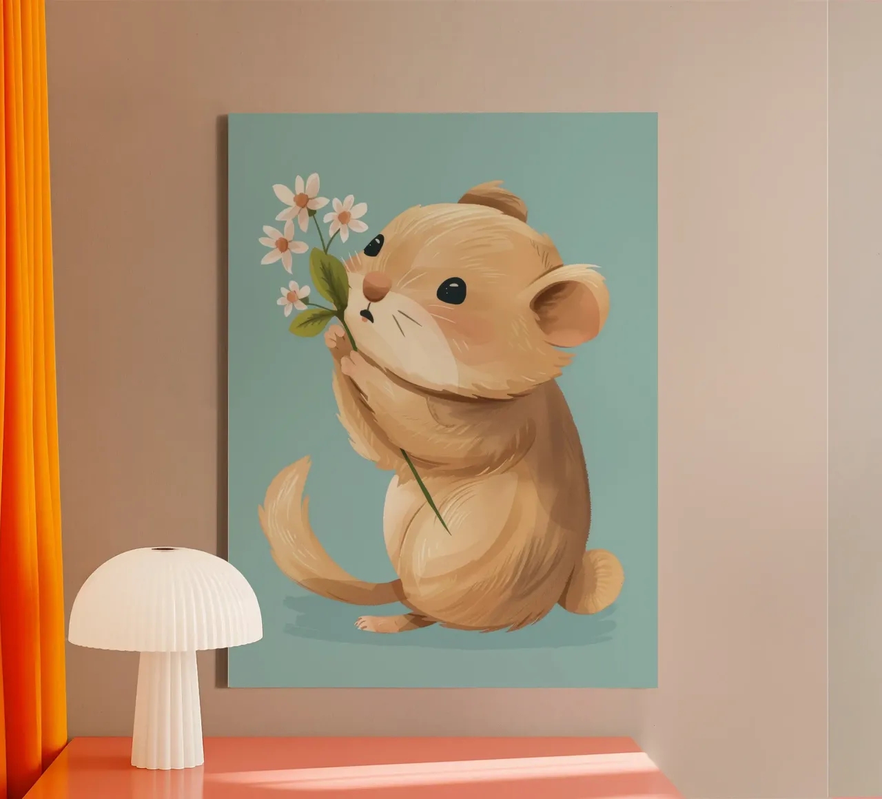 Piccola creatura che tiene in mano un fiore con un'espressione gentile tela da DesignDoodle
