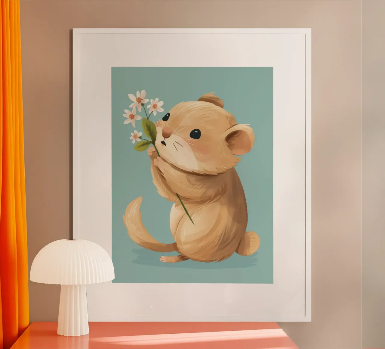 Piccola creatura che tiene in mano un fiore con un'espressione gentile carta hahnemühle da DesignDoodle