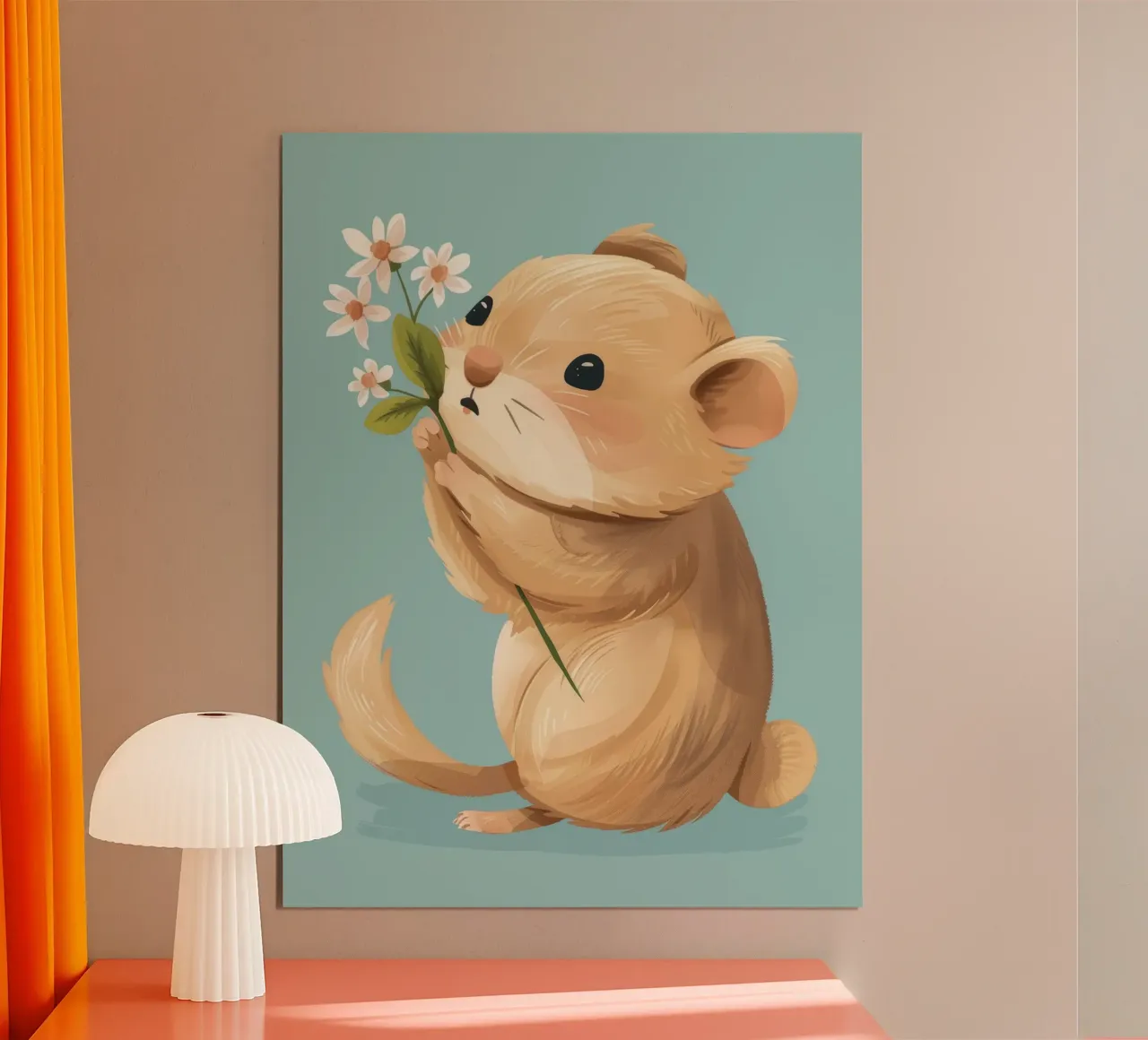 Piccola creatura che tiene in mano un fiore con un'espressione gentile carta hahnemühle da DesignDoodle