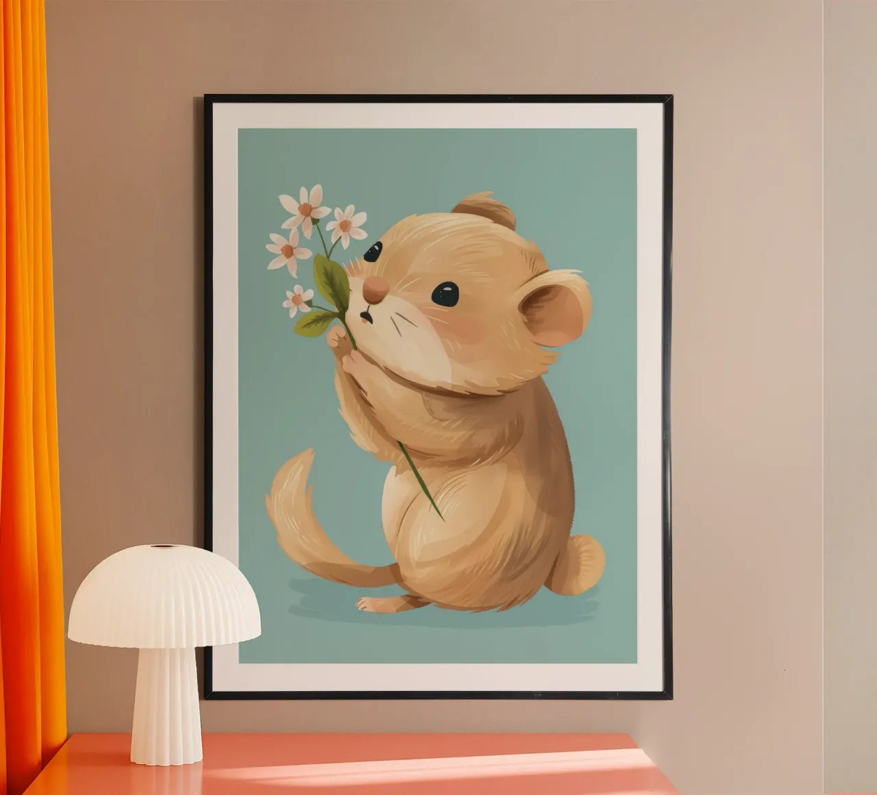 Piccola creatura che tiene in mano un fiore con un'espressione gentile poster da DesignDoodle