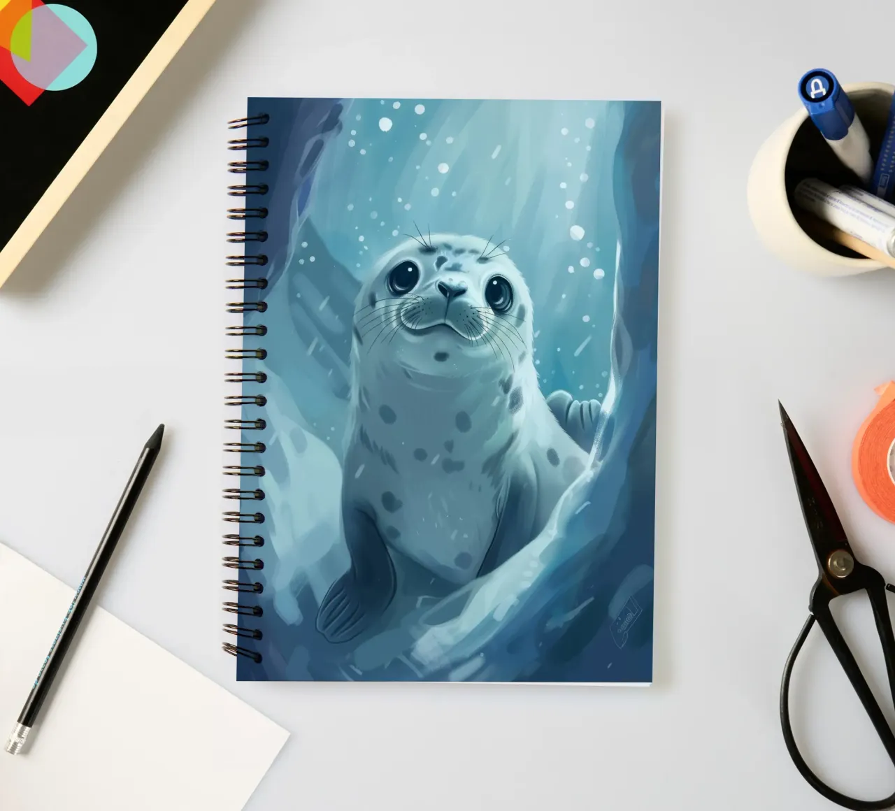 Seal pup explores an underwater cave in a chilly ocean spiral notebook by DesignDoodle