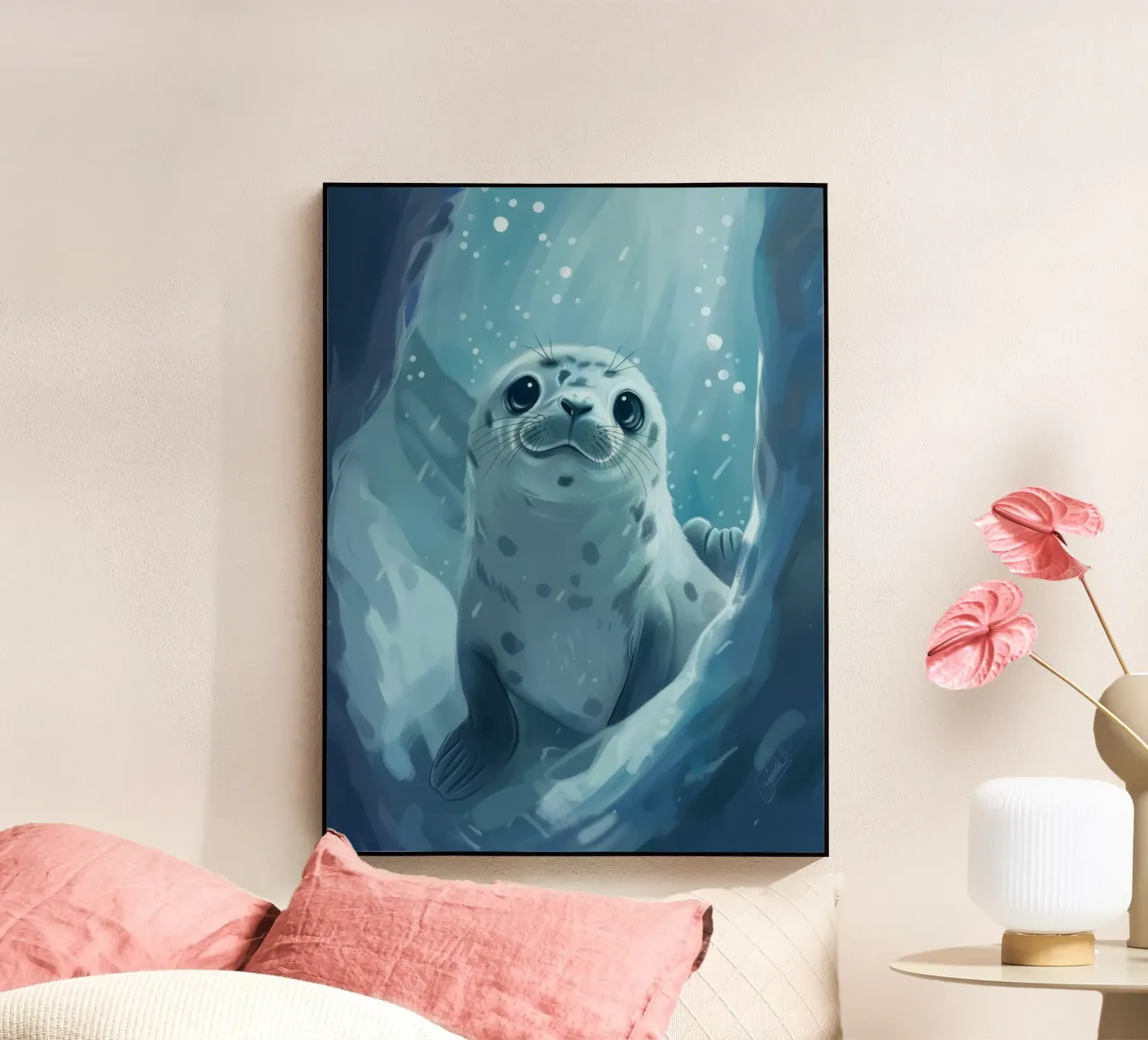 Un cucciolo di foca esplora una grotta sottomarina in un oceano gelido plexiglass da DesignDoodle