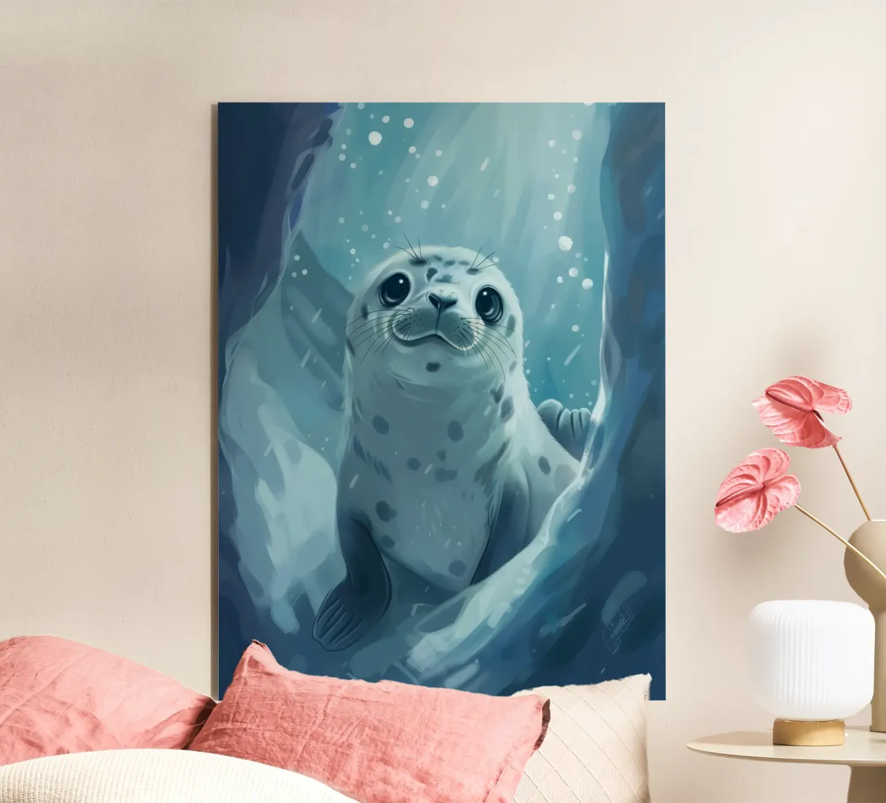 Un cucciolo di foca esplora una grotta sottomarina in un oceano gelido alluminio dibond da DesignDoodle