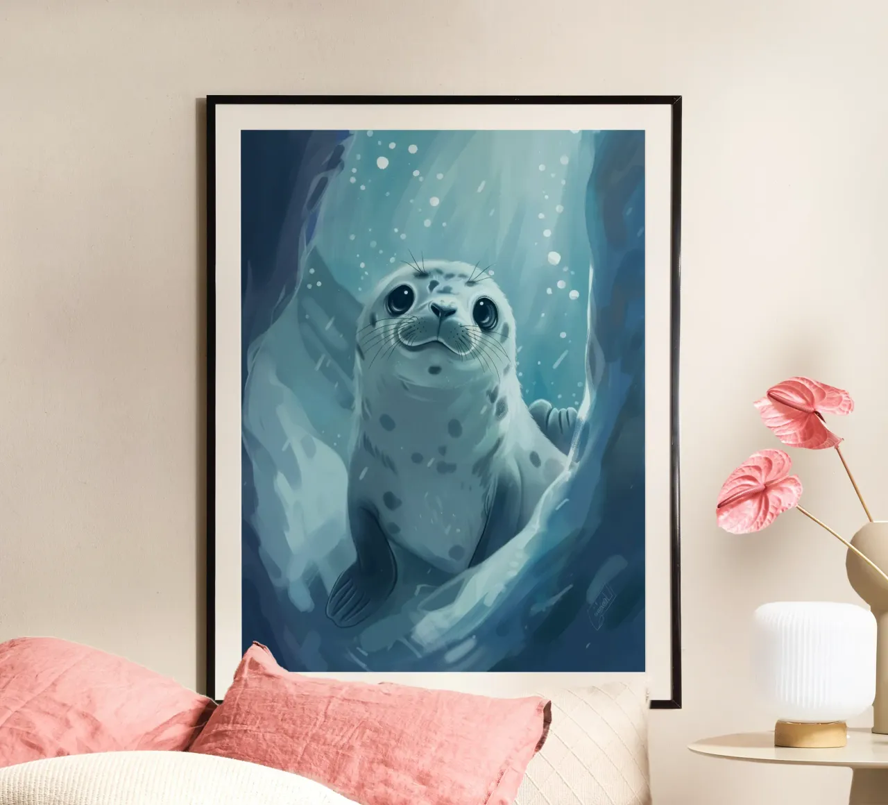 Un cucciolo di foca esplora una grotta sottomarina in un oceano gelido carta hahnemühle da DesignDoodle