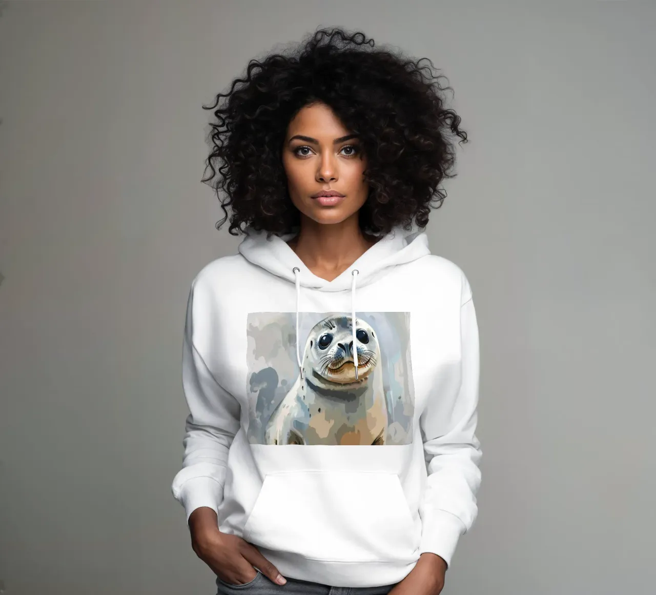 Seal resting on the shore with soft textures and neutral art hoodie by DesignDoodle