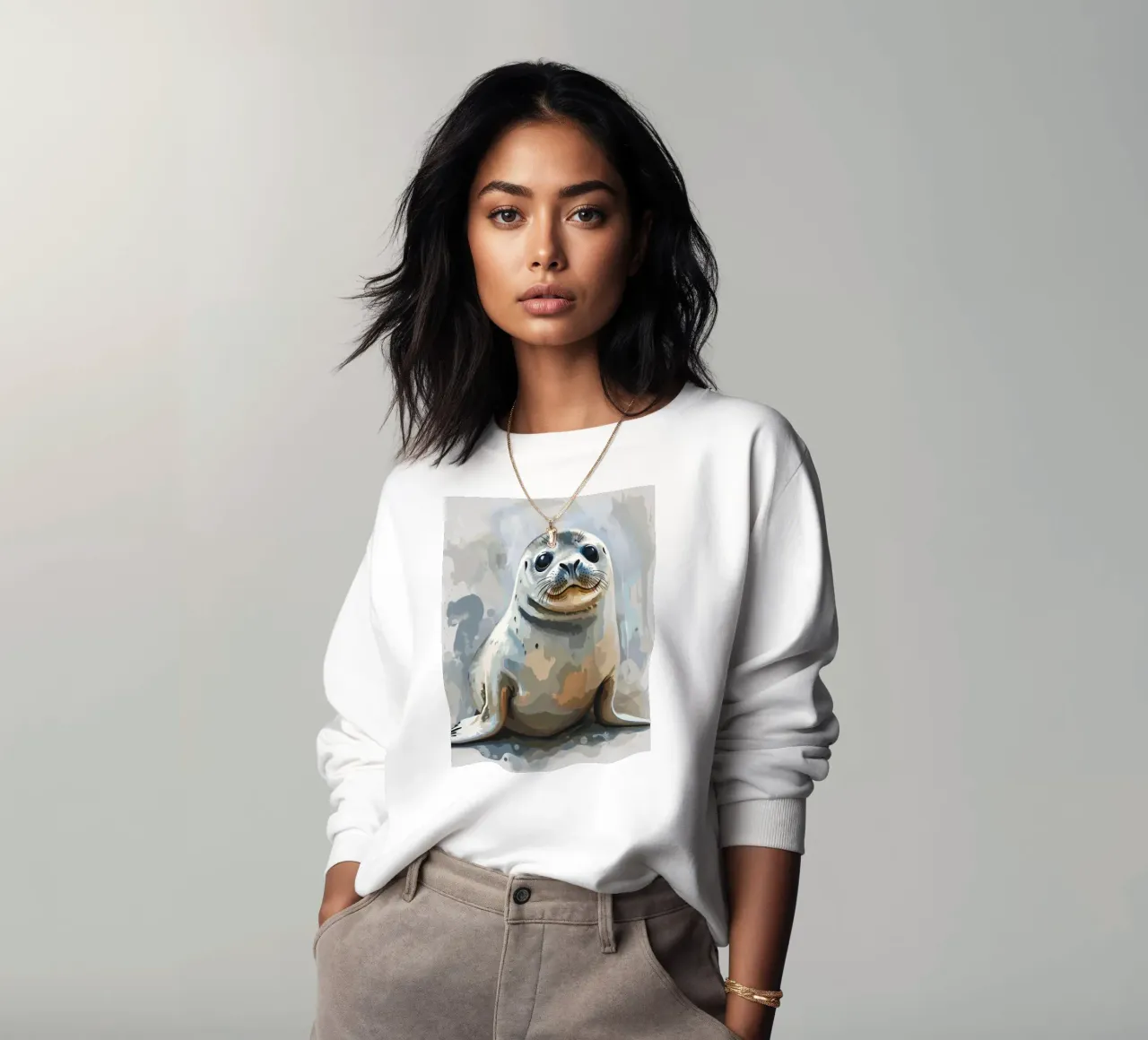 Seal resting on the shore with soft textures and neutral art sweatshirt by DesignDoodle