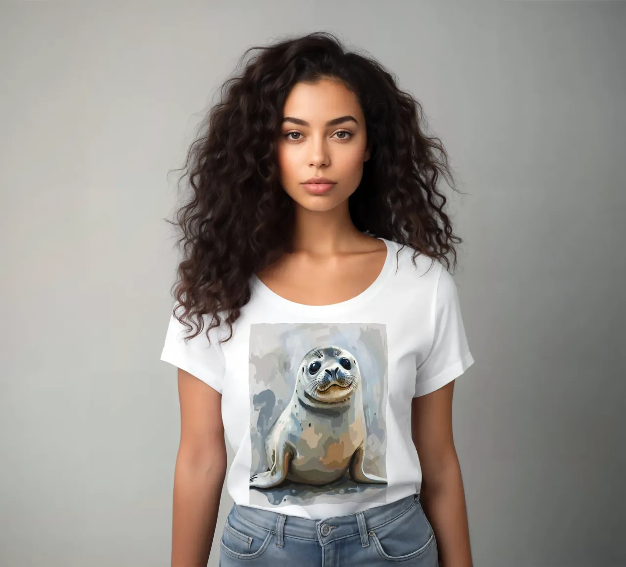 Seal resting on the shore with soft textures and neutral art women's fitted t-shirt by DesignDoodle
