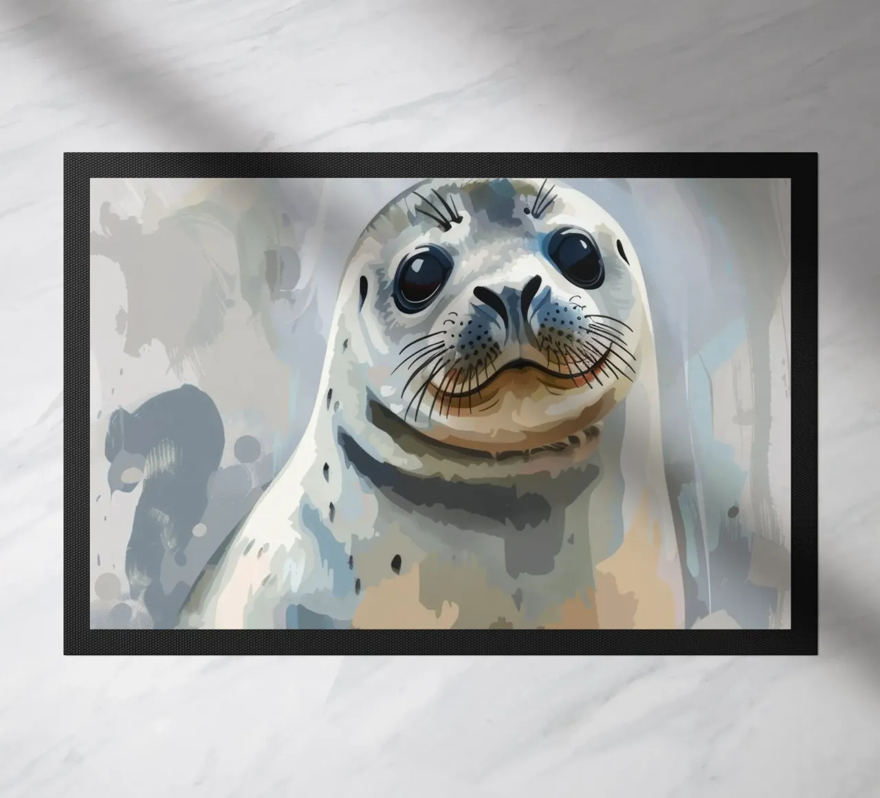 Seal resting on the shore with soft textures and neutral art doormat by DesignDoodle