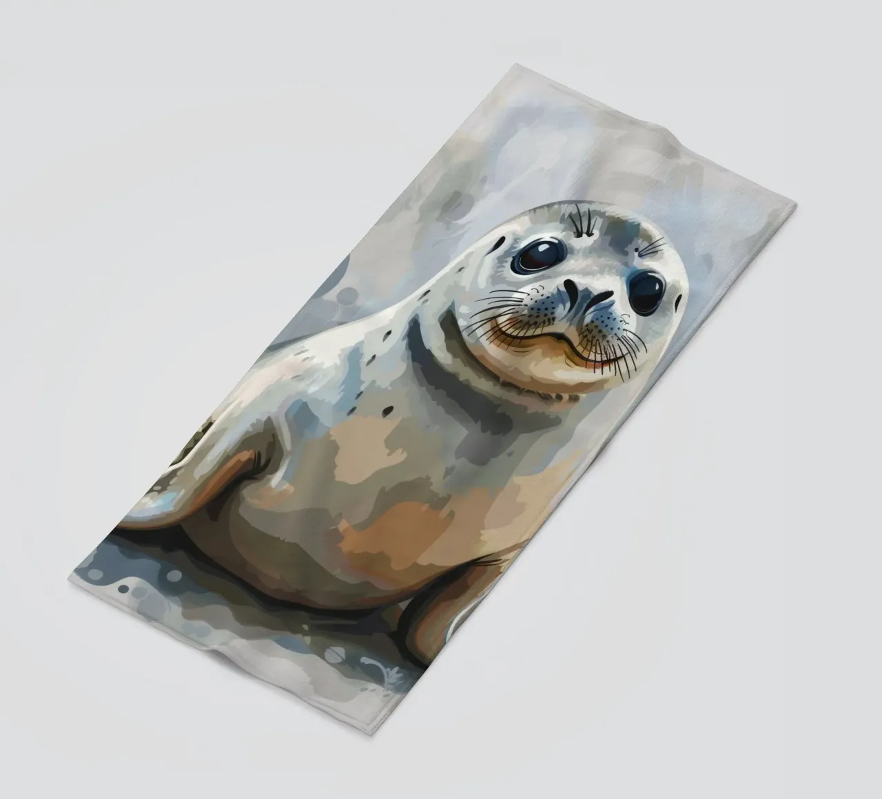 Seal resting on the shore with soft textures and neutral art beach towel by DesignDoodle