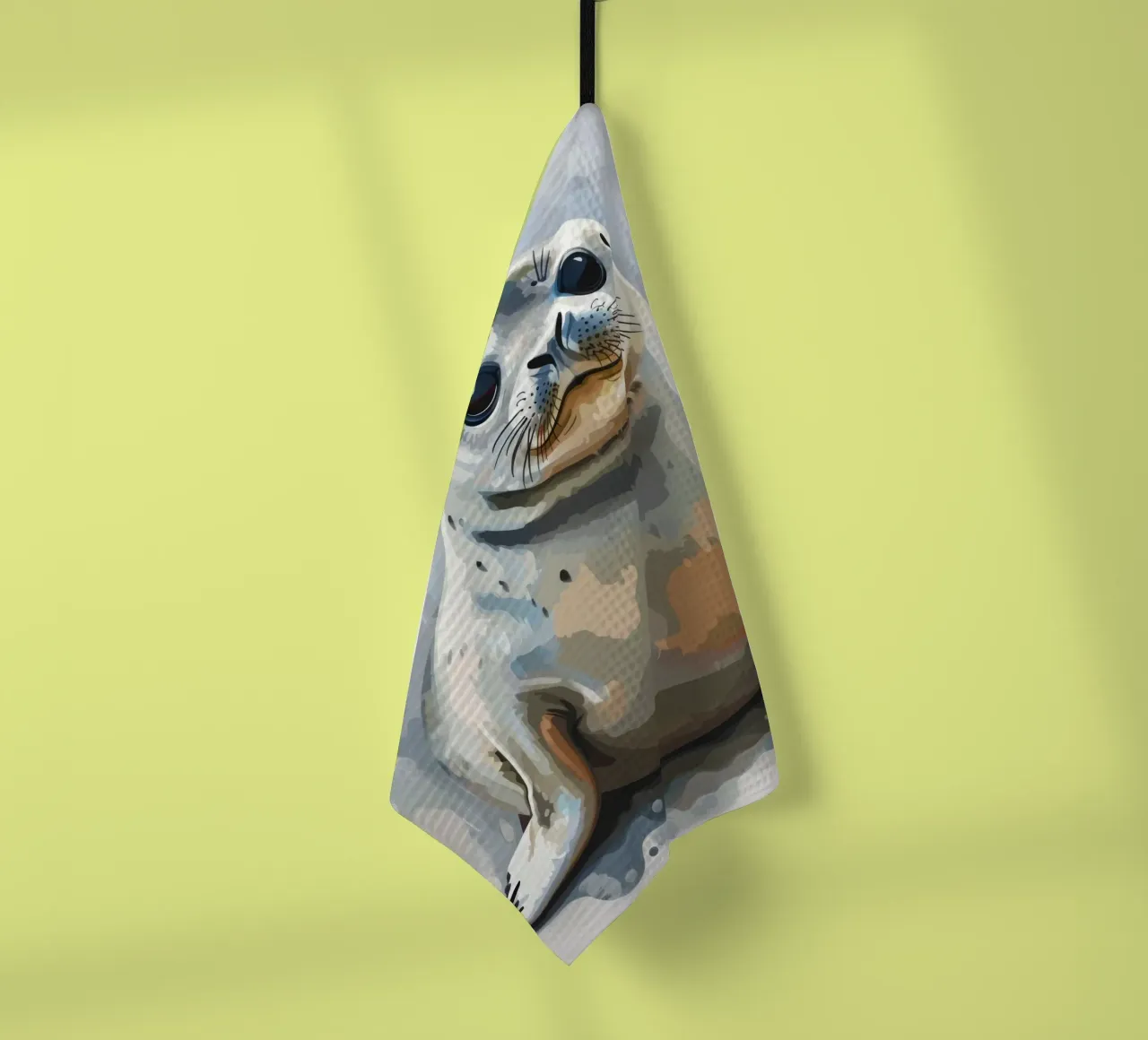 Seal resting on the shore with soft textures and neutral art tea towel by DesignDoodle
